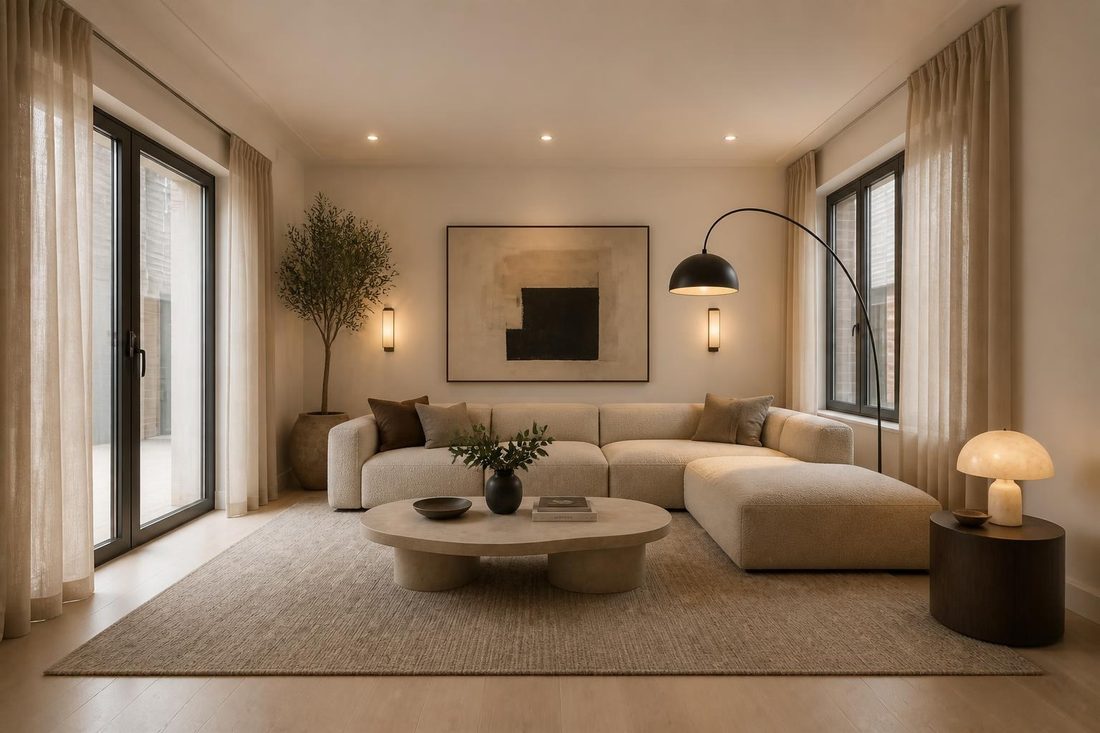The same living room redesigned in a warm modern style